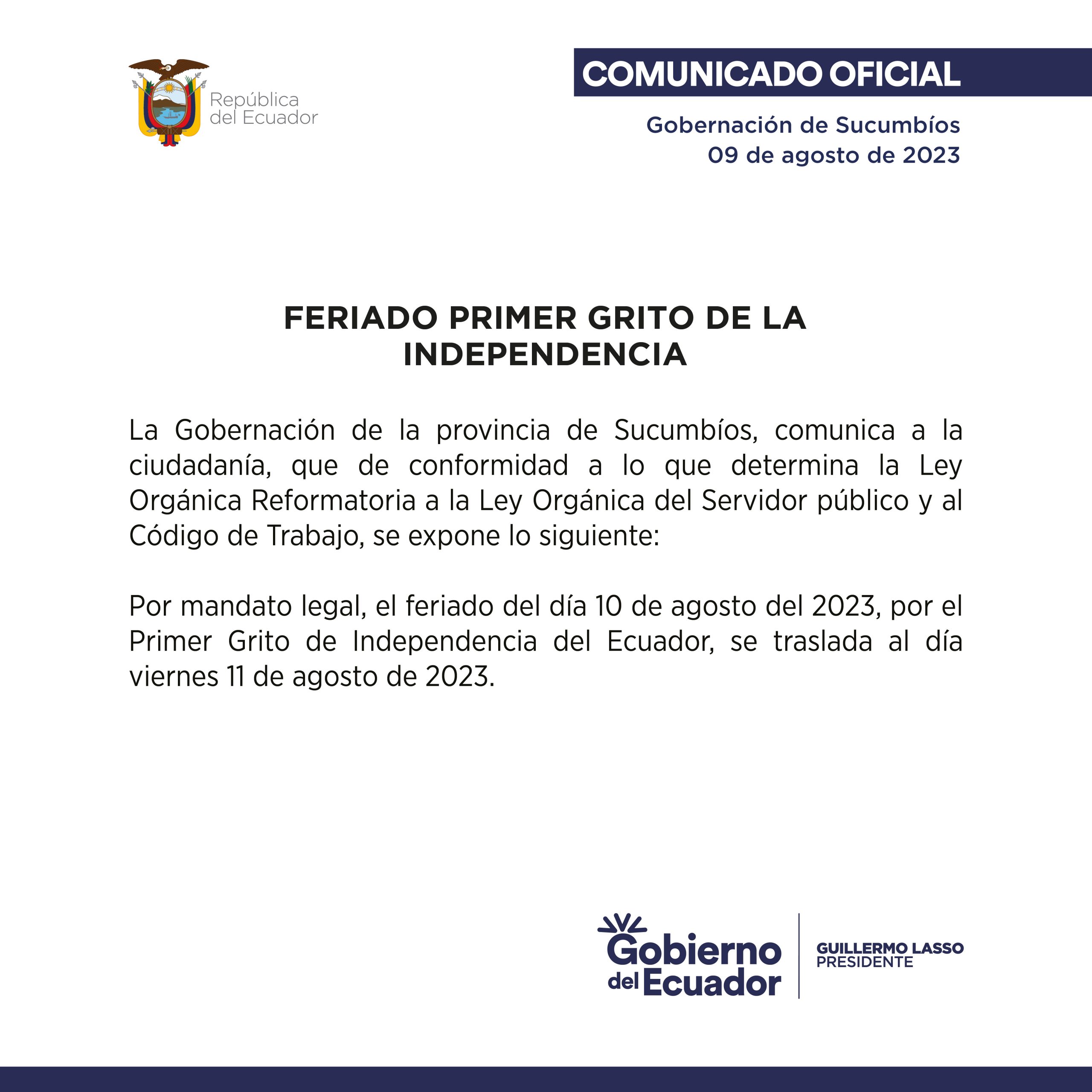FERIADO NACIONAL POR EL PRIMER GRITO DE INDEPENDENCIA DEL ECUADOR